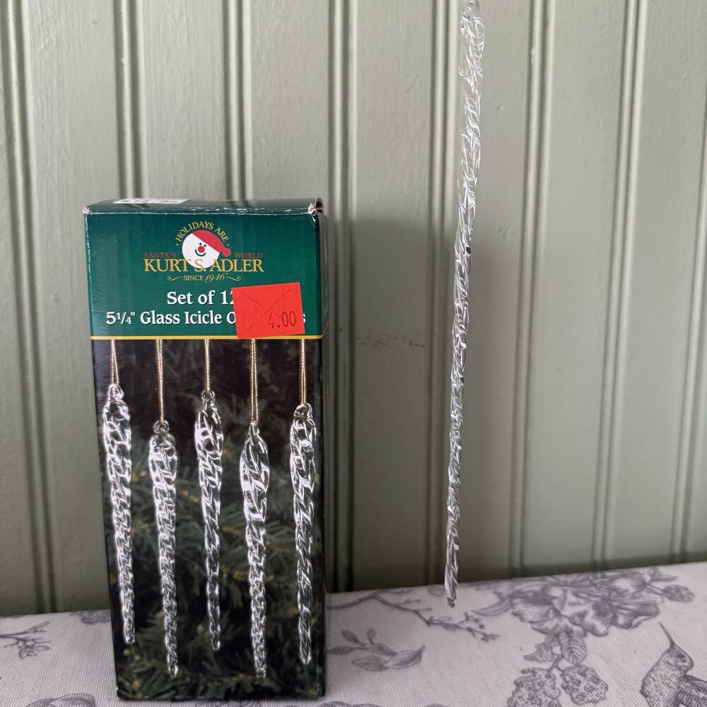 Vintage Kurt Adler Twisted Glass Christmas Tree Icicle Ornaments Box Set of 12